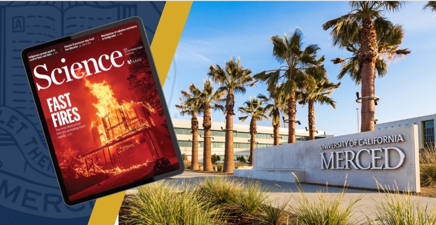 The cover of the October edition of Science is depicted in front of a UC Merced sign and palm trees.